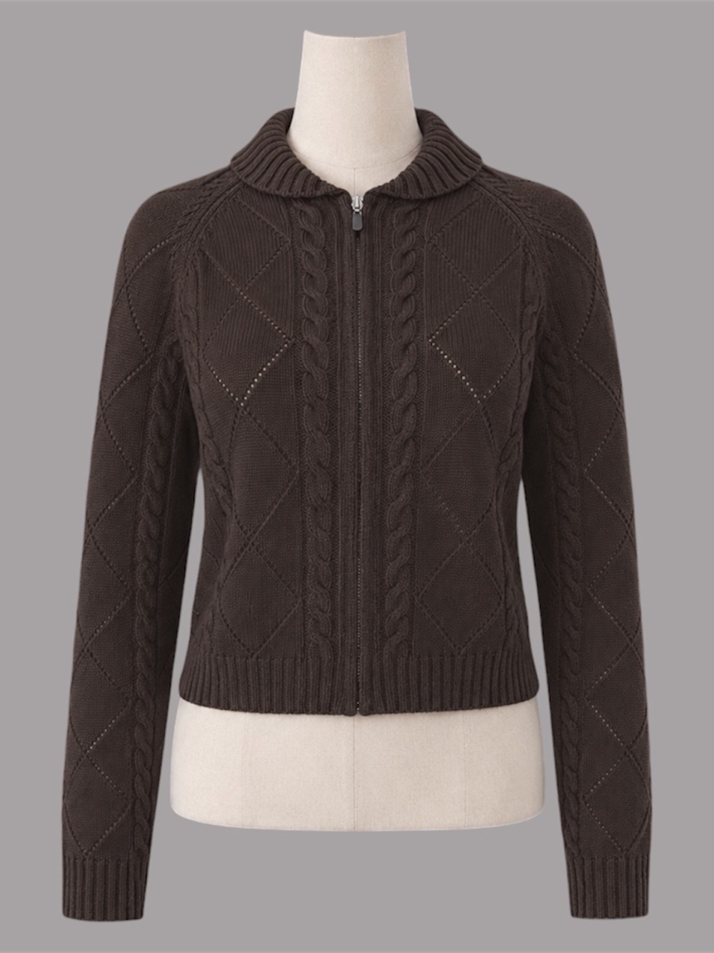Aritzia Sunday Best Cable Knit Zip-Up Sweater Cardigan in Rich Mocha Brown